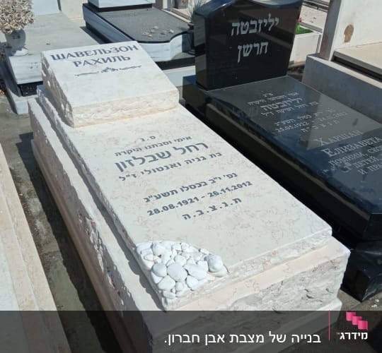 מצבות עם כיתוב בעברית ואבנים לבנות על אחת מהן